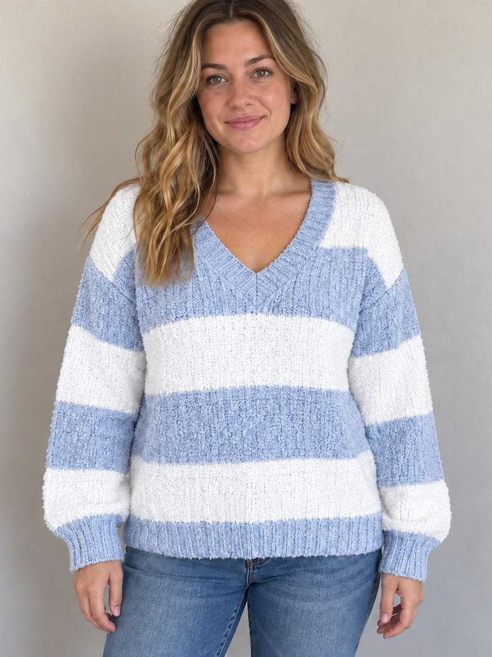 #1330 Hippie Rose sweater Small Blue White Striped V Neck Cozy Boucle Knit